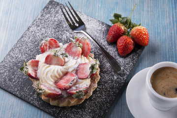 cake with custard and strawberries whipped cream