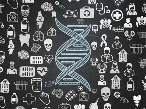 Health concept: Chalk Blue DNA icon on School board background with  Hand Drawn Medicine Icons, School Board