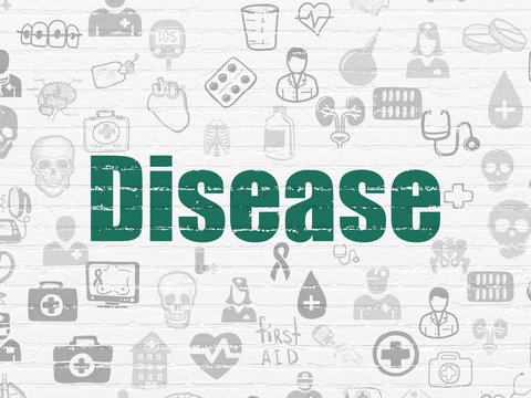 Healthcare concept: Painted green text Disease on White Brick wall background with  Hand Drawn Medicine Icons