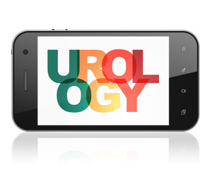 Healthcare concept: Smartphone with Painted multicolor text Urology on display, 3D rendering