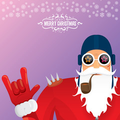 vector DJ rock n roll santa claus with smoking pipe, santa beard and funky santa hat isolated on violetred christmas square background with snowflakes. Christmas hipster party poster, banner or card.