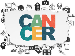 Fototapeta na wymiar Healthcare concept: Painted multicolor text Cancer on Torn Paper background with Hand Drawn Medicine Icons