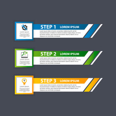 Vector illustration. An infographic template with 3 steps and an image of three rectangles. Use for business presentations, education, web design. Place for text and icons