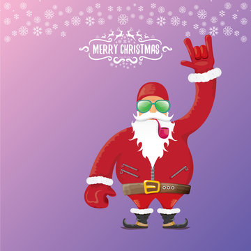 vector DJ rock n roll santa claus with smoking pipe, santa beard and funky santa hat isolated on violetred christmas square background with snowflakes. Christmas hipster party poster, banner or card.