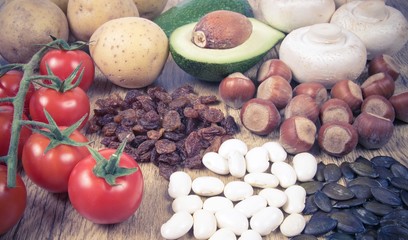 Natural products rich in potassium (K) . Healthy food concept.