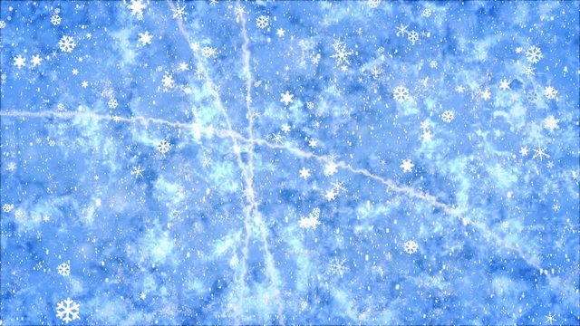 Frosty snow-covered background
Snowflakes slowly fly on a frosty cracked background. White snowflakes scatter in different directions on a blue frozen window.