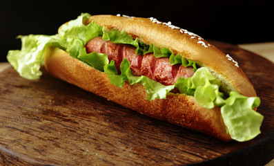 delicious homemade Hot dog with salad and sesame seeds closeup on wooden Board,black background