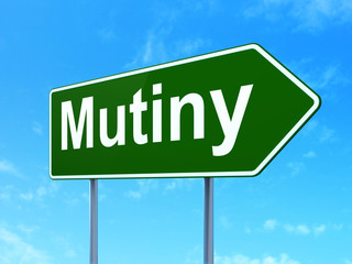 Politics concept: Mutiny on green road highway sign, clear blue sky background, 3D rendering