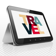 Holiday concept: Tablet Computer with Painted multicolor text Travel on display, 3D rendering