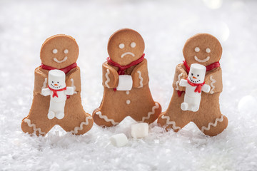 Funny Gingerbread cookie men with marshmallow snowman