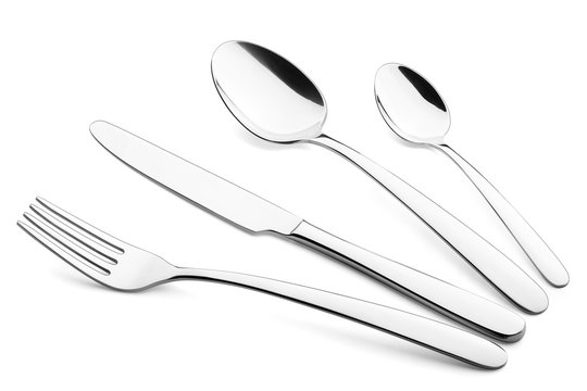 knife, fork, spoon, teaspoon, cutlery on white background, isolated, clipping path