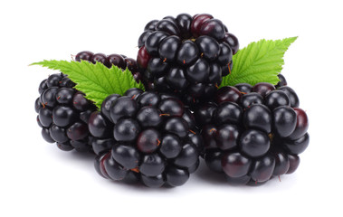 blackberries with green leaf isolated on white background. macro