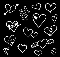 Hand drawn hearts set isolated. Design elements for Valentine's day. Collection of doodle sketch hearts hand drawn with ink. Vector illustration 10 EPS