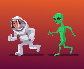 Alien character chasing astronaut. Vector cartoon illustration