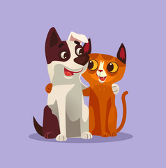 Happy smiling cat and dog characters best friends. Vector cartoon illustration