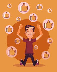 Happy smiling man character get many likes. Vector cartoon illustration