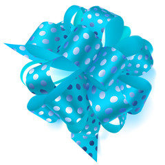 Beautiful big bow made of light blue ribbon in polka dots with shadow on white background