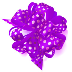 Beautiful big bow made of purple ribbon in polka dots with shadow on white background