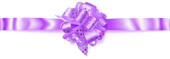 Fototapeta na wymiar Beautiful big horizontal bow made of violet ribbon in polka dots with shadow on white background