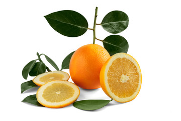 Whole Orange and Slices with Leafs Isolated on a White Background