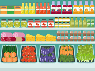 Store shelves with groceries, food and drinks. Vector flat illustration.