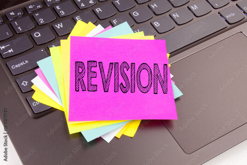 Poster writing revision text made in the office close-up on laptop computer keyboard. business concept for 