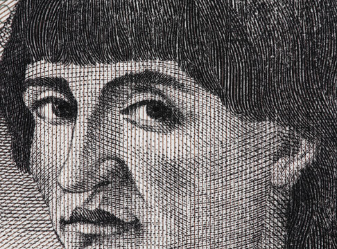 Niccolo Machiavelli face portrait on Italian lira banknote extreme macro, father of modern political science