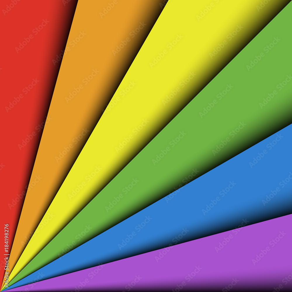 Poster overlapping colorful paper sheets in colors of rainbow spectrum arranged in a fan. with shadow effec
