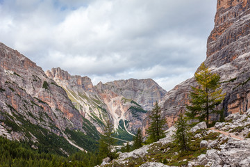 Fototapeta na wymiar View of wild Travenanzes valley with Vallon Bianco Mount background, Dolomites, Italy