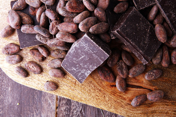 Dark chocolate pieces, stacks and cocoa beans, culinary background.