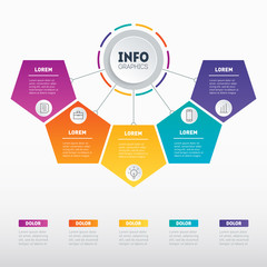 Obraz premium Business presentation or infographic with 5 options. Vector infographics with 5 parts of technology or education process. Web Template of a chart, info graphic, mindmap or diagram.