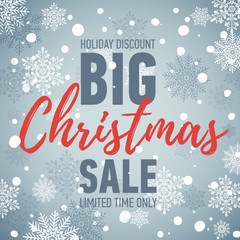Christmas sale banner. Big sale 50. Holiday discount. Winter seasonal banner with winter background. Holiday poster