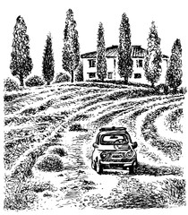Tuscany landscape with retro car. Vector hand drawn graphic illustration.