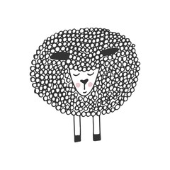 Cute hand drawn nursery poster with unique little sheep in scandinavian style. Monochrome vector illustration