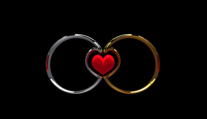 3d rendering of wedding rings shaped a heart in the middle on Black background closeup. A pair of...