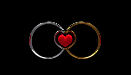 3d rendering of wedding rings shaped a heart in the middle on Black background closeup. A pair of gold and silver wedding rings.