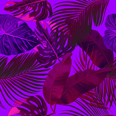Fototapeta na wymiar Seamless pattern of ultraviolet tropical leaves of palm tree. Vector background.