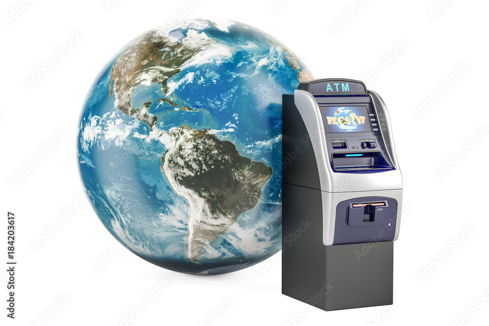 Poster atm with earth globe, global banking service concept. 3d rendering