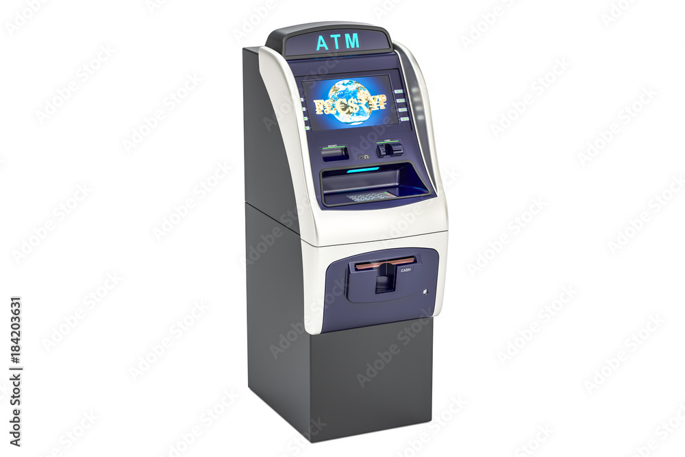 Poster atm, automated teller machine. 3d rendering