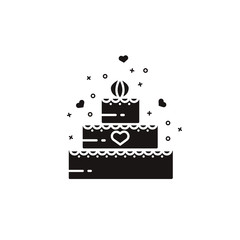 Wedding three tiered cake with heart symbol on top - black icon, silhouette, sign, symbol, pictogram, element, emblem on isolated white background.