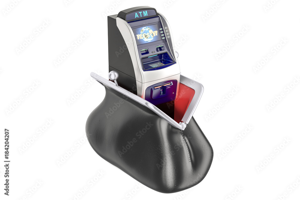 Poster purse with atm machine inside, 3d rendering