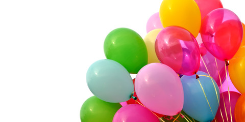 bunch of multicolored balloons, isolated on white background, banner format