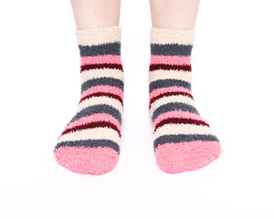 Multicolor women's fuzzy ankle socks with stripes isolated on white background