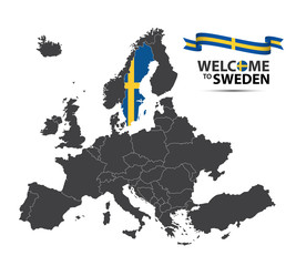 Vector illustration of a map of Europe with the state of Sweden in the appearance of the Swedish flag and Swedish ribbon isolated on a white background