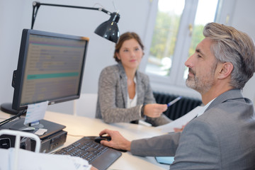 Businessman with personal assistant, looking at computer