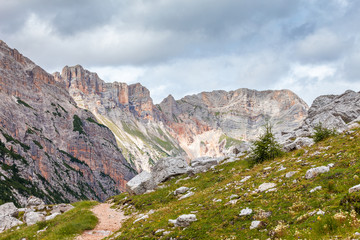 Fototapeta na wymiar View of wild Travenanzes valley with Vallon Bianco Mount background, Dolomites, Italy