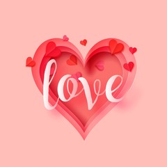 3d abstract paper cut illustration of pink heart shape with love lettering. Vector colorful greeting card template