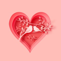 3d abstract paper cut illustration of pink heart shape with birds couple on the tree. Vector colorful greeting card