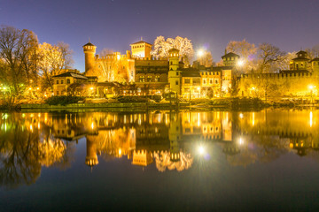 Castle at the park of valentino in turin. Panorama of Turin
