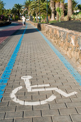 Brick footpath path pavement marked with lane area for disabled people in wheelchair wheelchairs